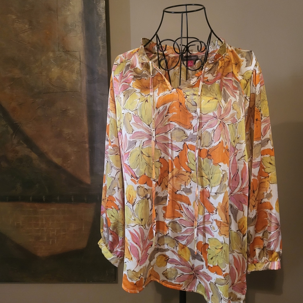 Floral Long-Sleeve Peasant Blouse - Orange, Pink & Lime